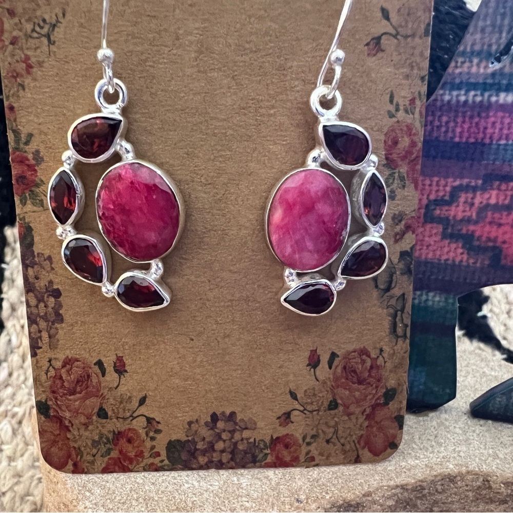 ❤️ Faceted Natural Ruby & Garnet 925 Dangle Boho Statement 1.5”L Earrings 12.2 G - Picture 3 of 13